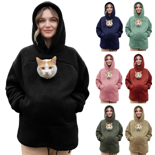 Purrelia Pet Pouch Hoodie, oversized fleece hoodie with front pet pouch, view 1