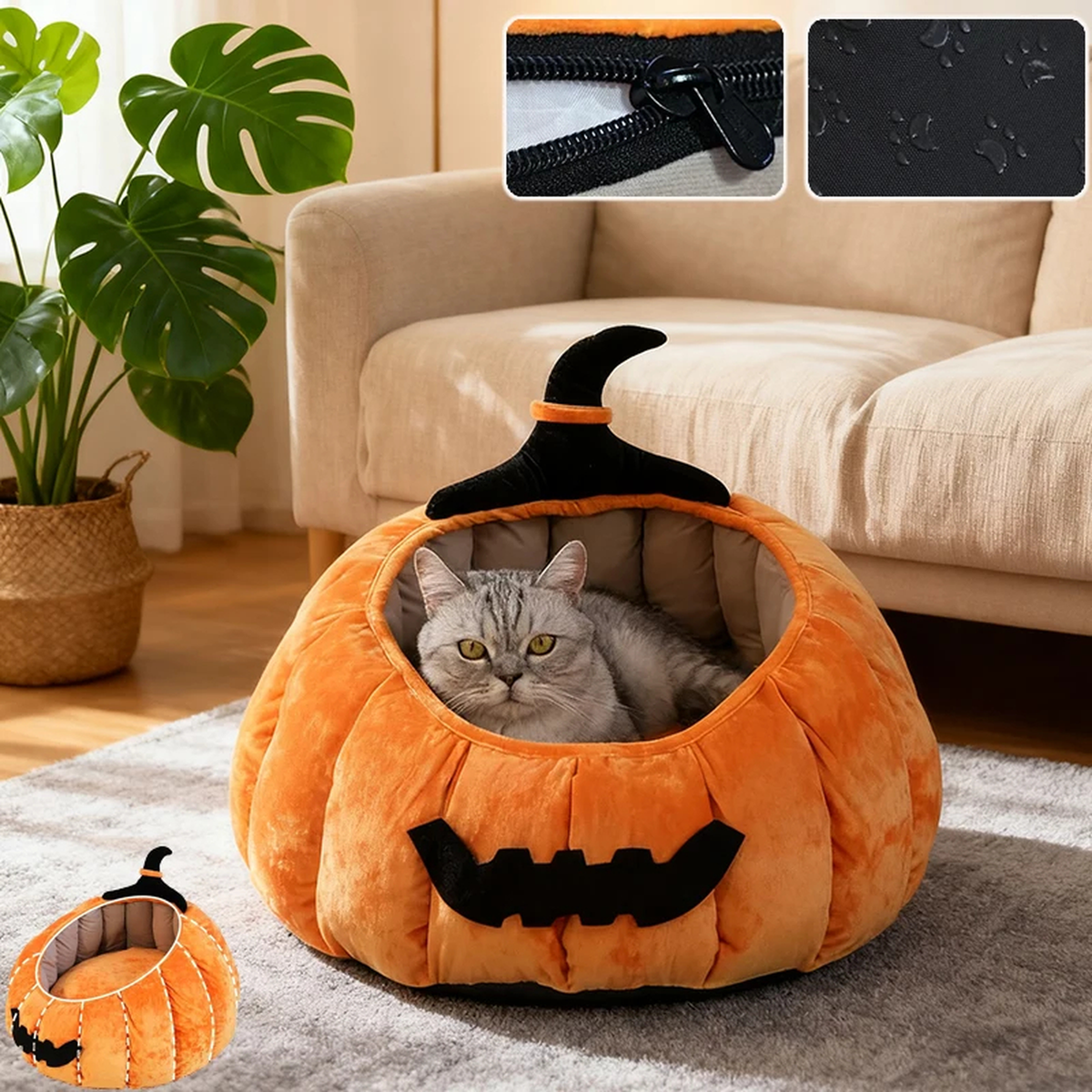 Purrelia Pumpkin Cat Bed, front view